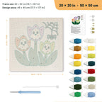 Ghost Tulips punch needle kit, 20 × 20 in (50 × 50 cm): canvas size and kit contents