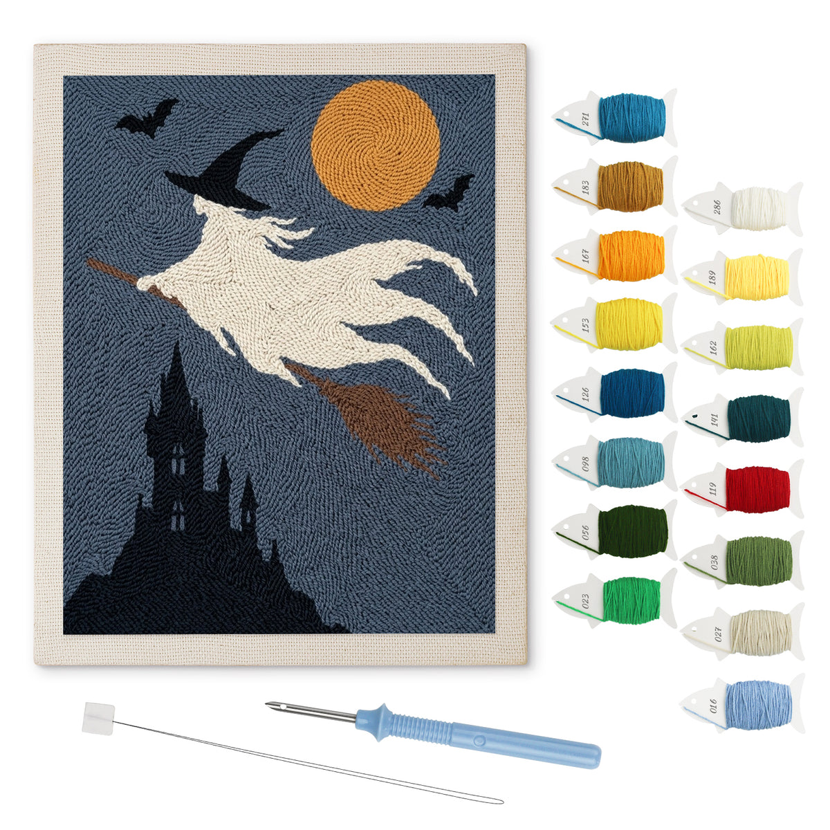 Ghost Witch in Flight punch needle kit: finished canvas with threads, punch needle and threader