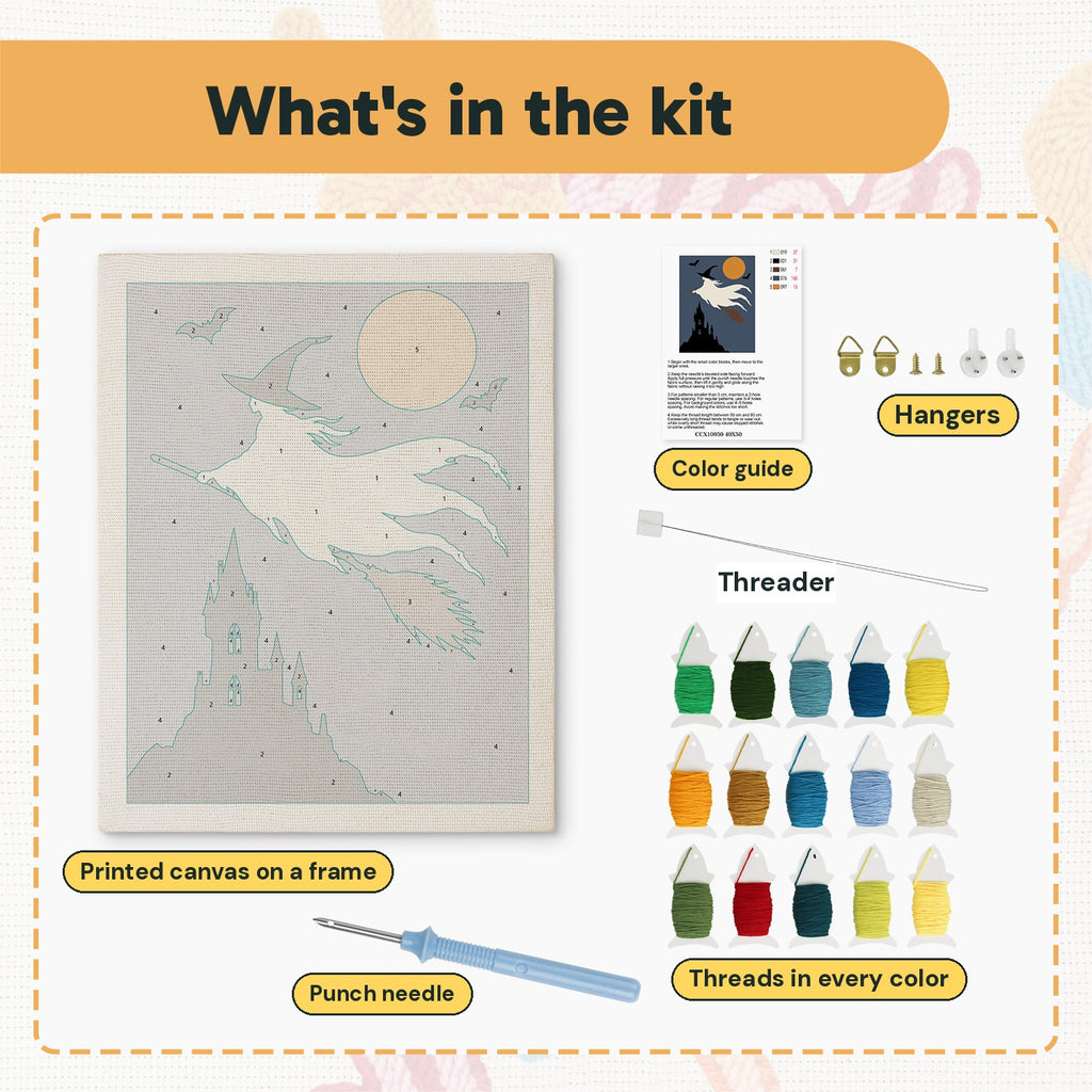 What is in the Ghost Witch in Flight kit: printed canvas, punch needle, threader, threads, color guide and hangers