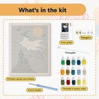 What is in the Ghost Witch in Flight kit: printed canvas, punch needle, threader, threads, color guide and hangers