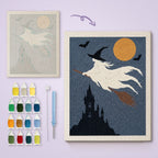 Ghost Witch in Flight canvas before and after punching, with the threads and tools