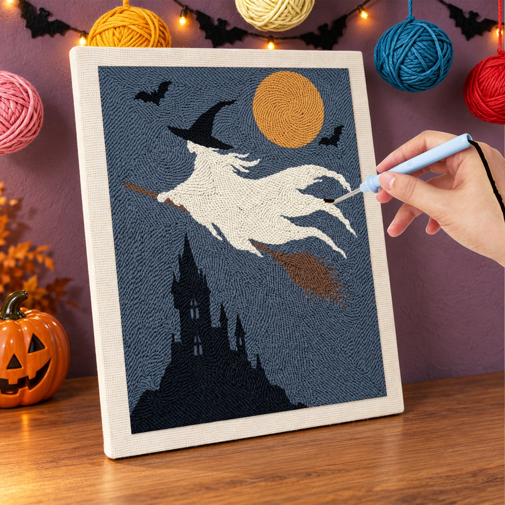Punching the Ghost Witch in Flight design with the punch needle