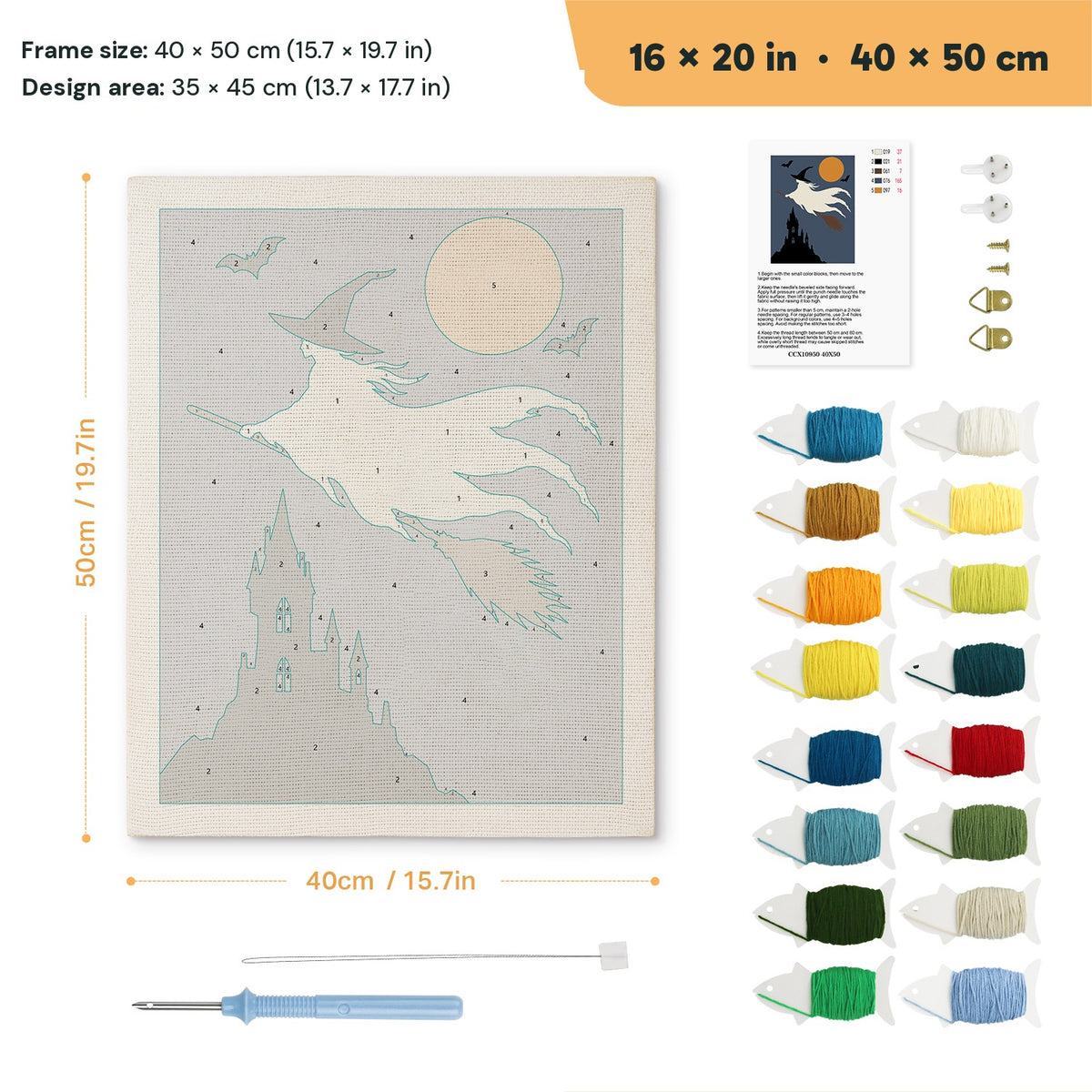 Ghost Witch in Flight punch needle kit, 16 × 20 in (40 × 50 cm): canvas size and kit contents