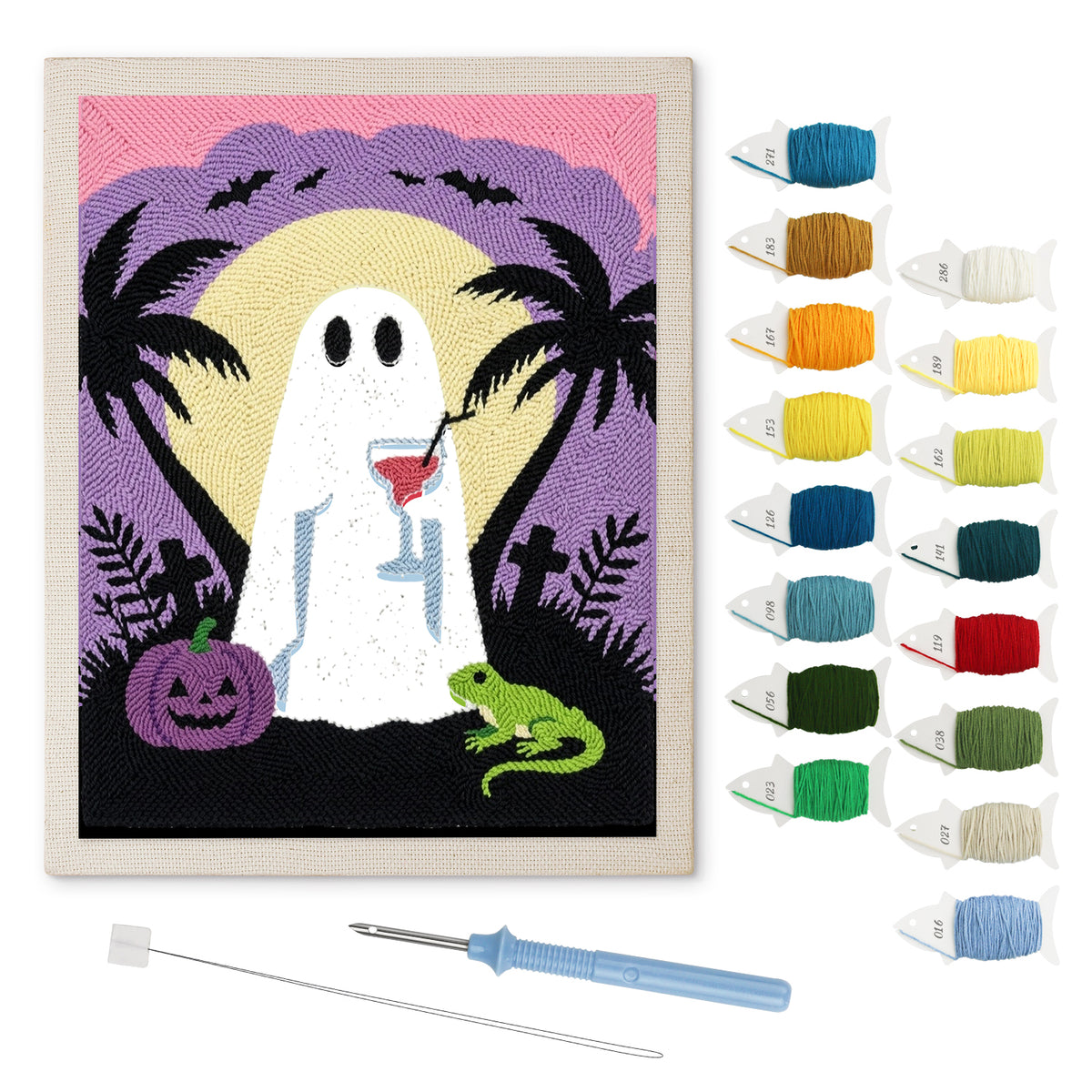 Ghost with a Cocktail punch needle kit: finished canvas with threads, punch needle and threader