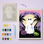 Ghost with a Cocktail canvas before and after punching, with the threads and tools