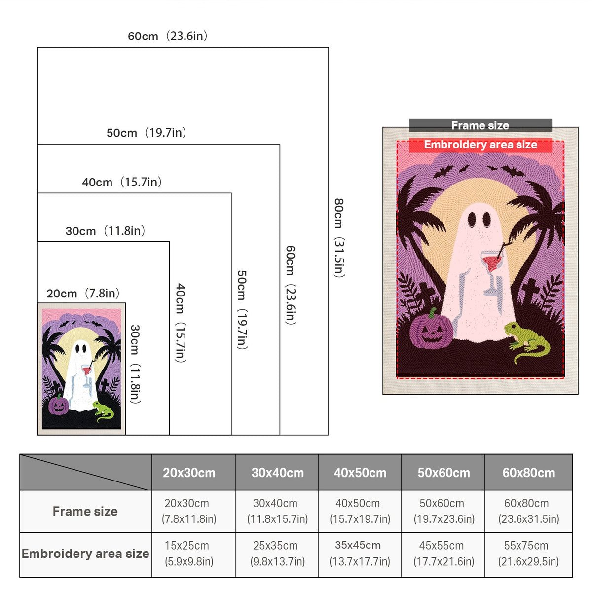Size chart for punch needle kits from 20 x 30 cm to 60 x 80 cm