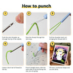 Six steps showing how to thread and use the punch needle