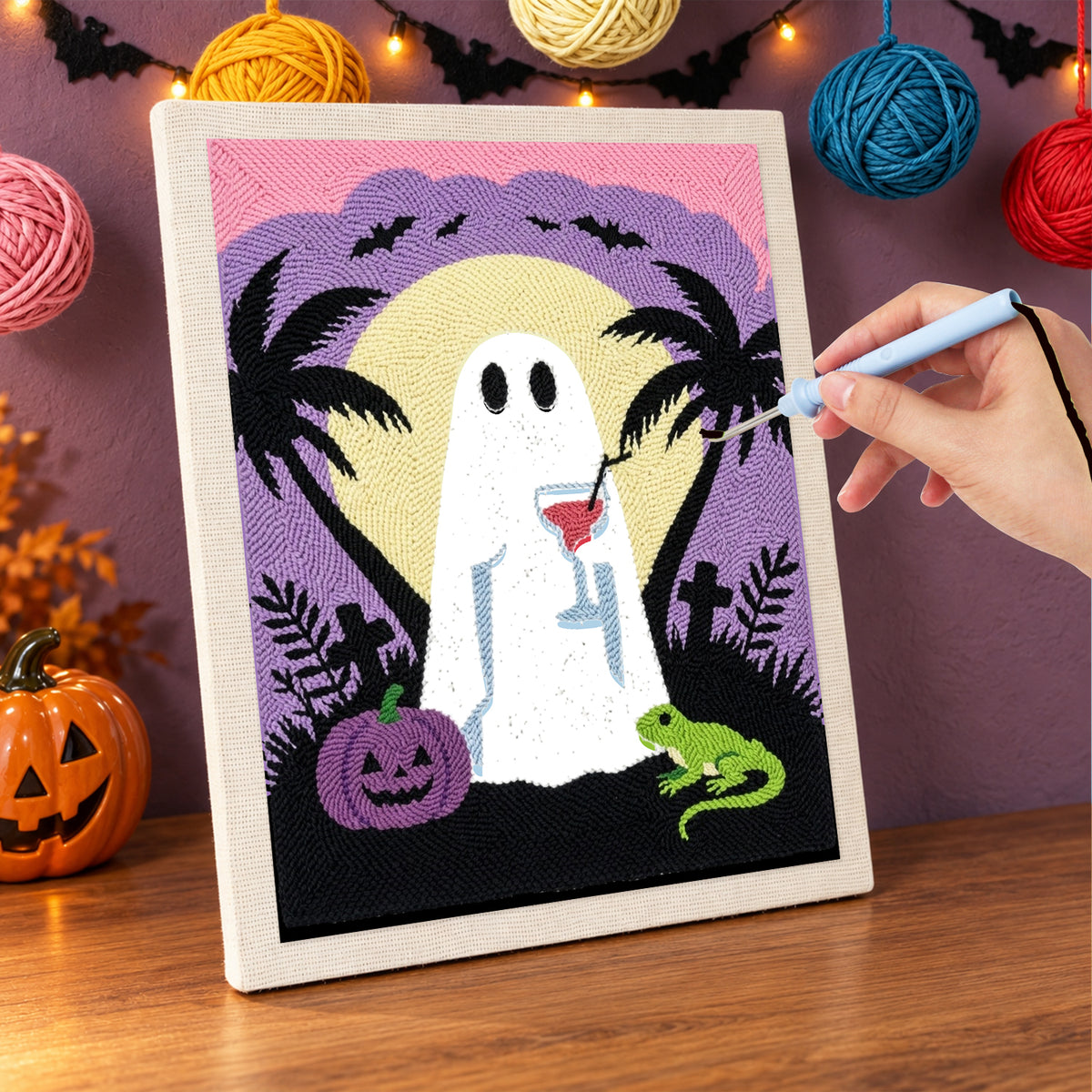 Punching the Ghost with a Cocktail design with the punch needle