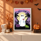 Finished Ghost with a Cocktail punch needle canvas on a wall