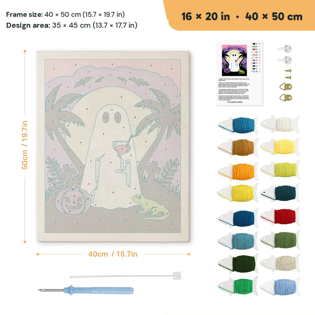 Ghost with a Cocktail punch needle kit, 16 × 20 in (40 × 50 cm): canvas size and kit contents