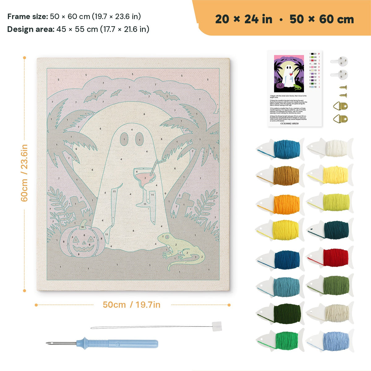 Ghost with a Cocktail punch needle kit, 20 × 24 in (50 × 60 cm): canvas size and kit contents