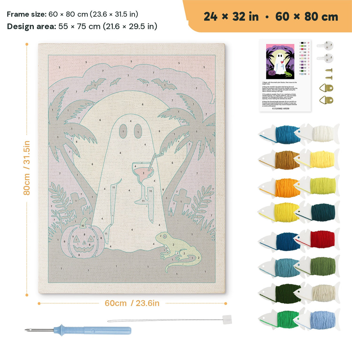Ghost with a Cocktail punch needle kit, 24 × 32 in (60 × 80 cm): canvas size and kit contents