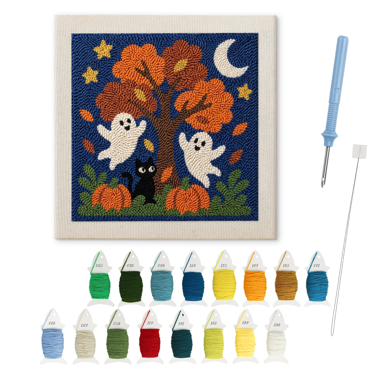 Ghosts Around the Tree punch needle kit: finished canvas with threads, punch needle and threader