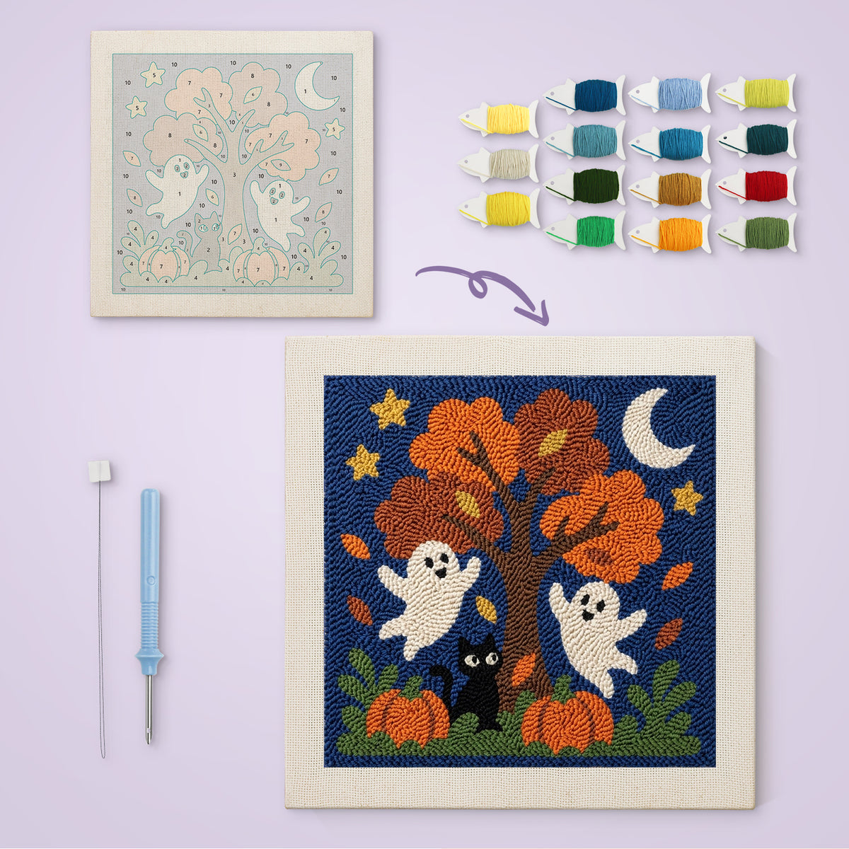 Ghosts Around the Tree canvas before and after punching, with the threads and tools