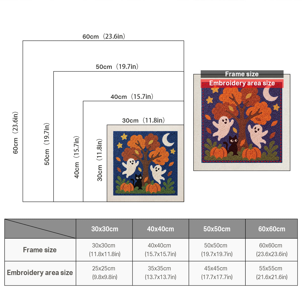 Size chart for square punch needle kits from 30 x 30 cm to 60 x 60 cm