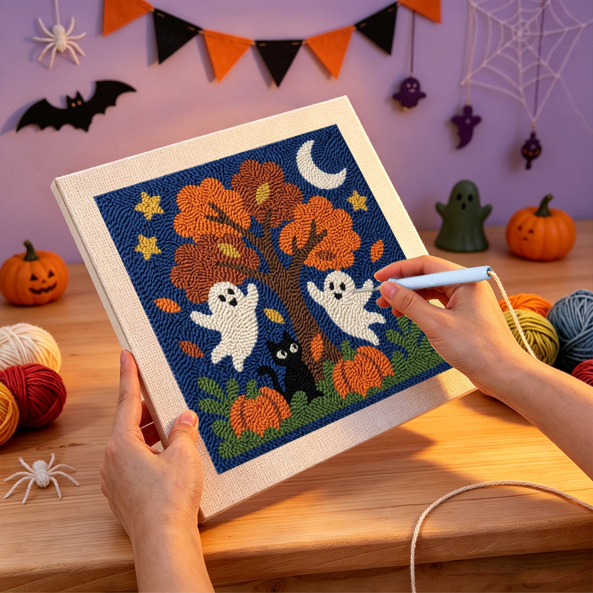 Punching the Ghosts Around the Tree design with the punch needle
