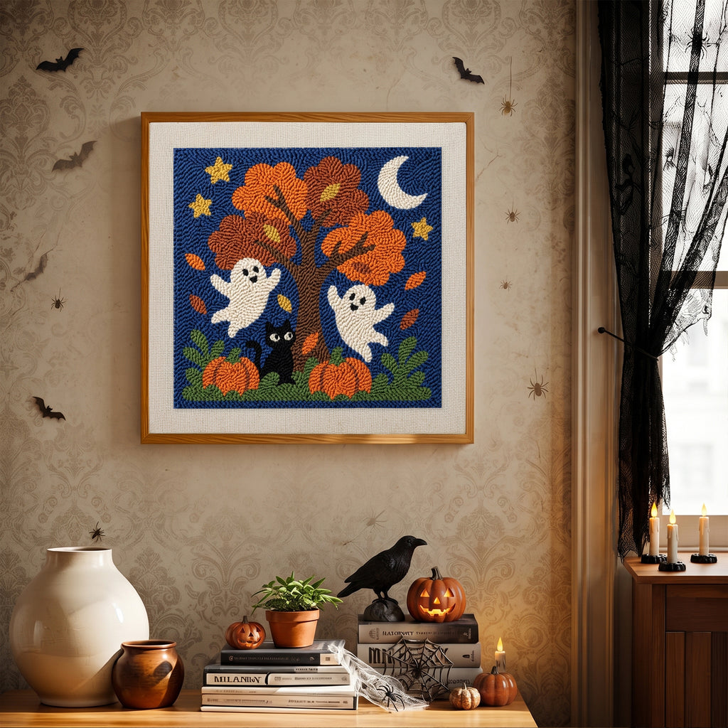 Finished Ghosts Around the Tree punch needle canvas on a wall