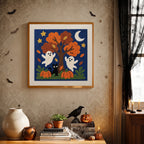 Finished Ghosts Around the Tree punch needle canvas on a wall