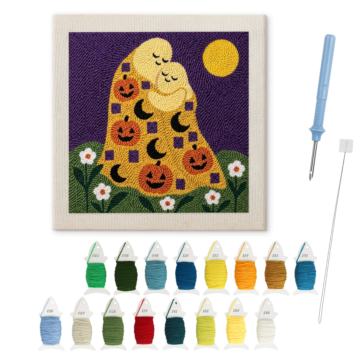 Ghosts Kiss in Gold punch needle kit: finished canvas with threads, punch needle and threader