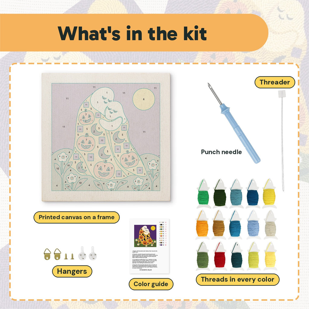 What is in the Ghosts Kiss in Gold kit: printed canvas, punch needle, threader, threads, color guide and hangers