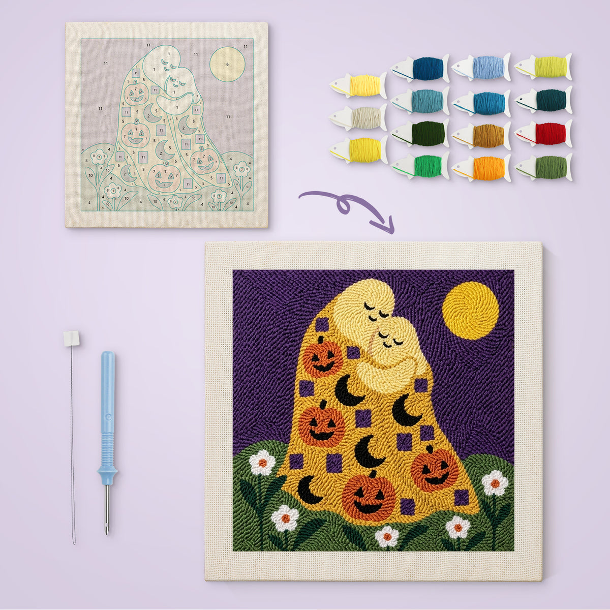 Ghosts Kiss in Gold canvas before and after punching, with the threads and tools