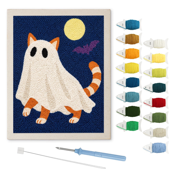 Ginger Cat Ghost punch needle kit: finished canvas with threads, punch needle and threader