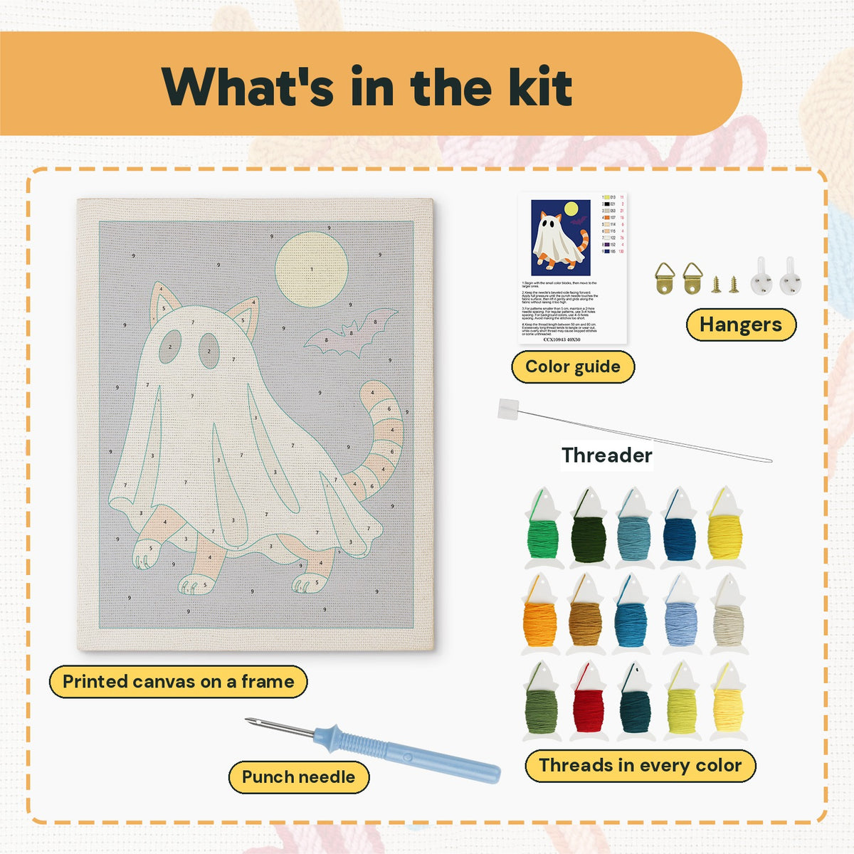 What is in the Ginger Cat Ghost kit: printed canvas, punch needle, threader, threads, color guide and hangers