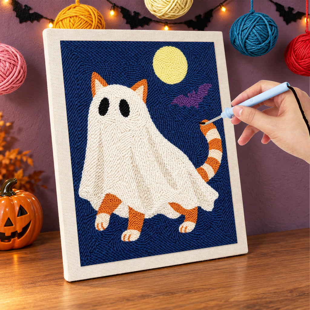 Punching the Ginger Cat Ghost design with the punch needle