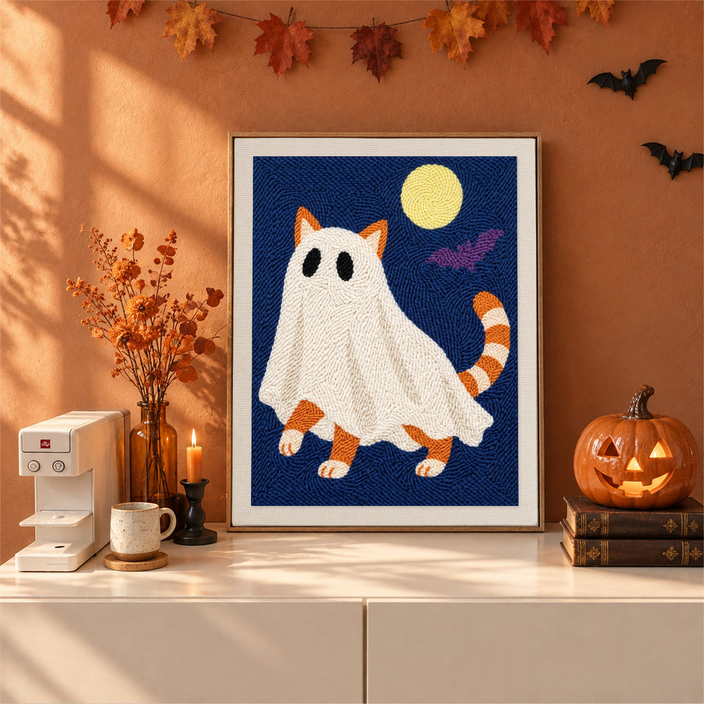 Finished Ginger Cat Ghost punch needle canvas on a wall