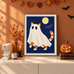 Finished Ginger Cat Ghost punch needle canvas on a wall