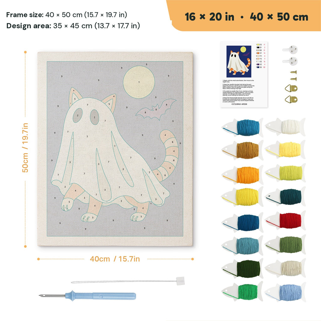 Ginger Cat Ghost punch needle kit, 16 × 20 in (40 × 50 cm): canvas size and kit contents