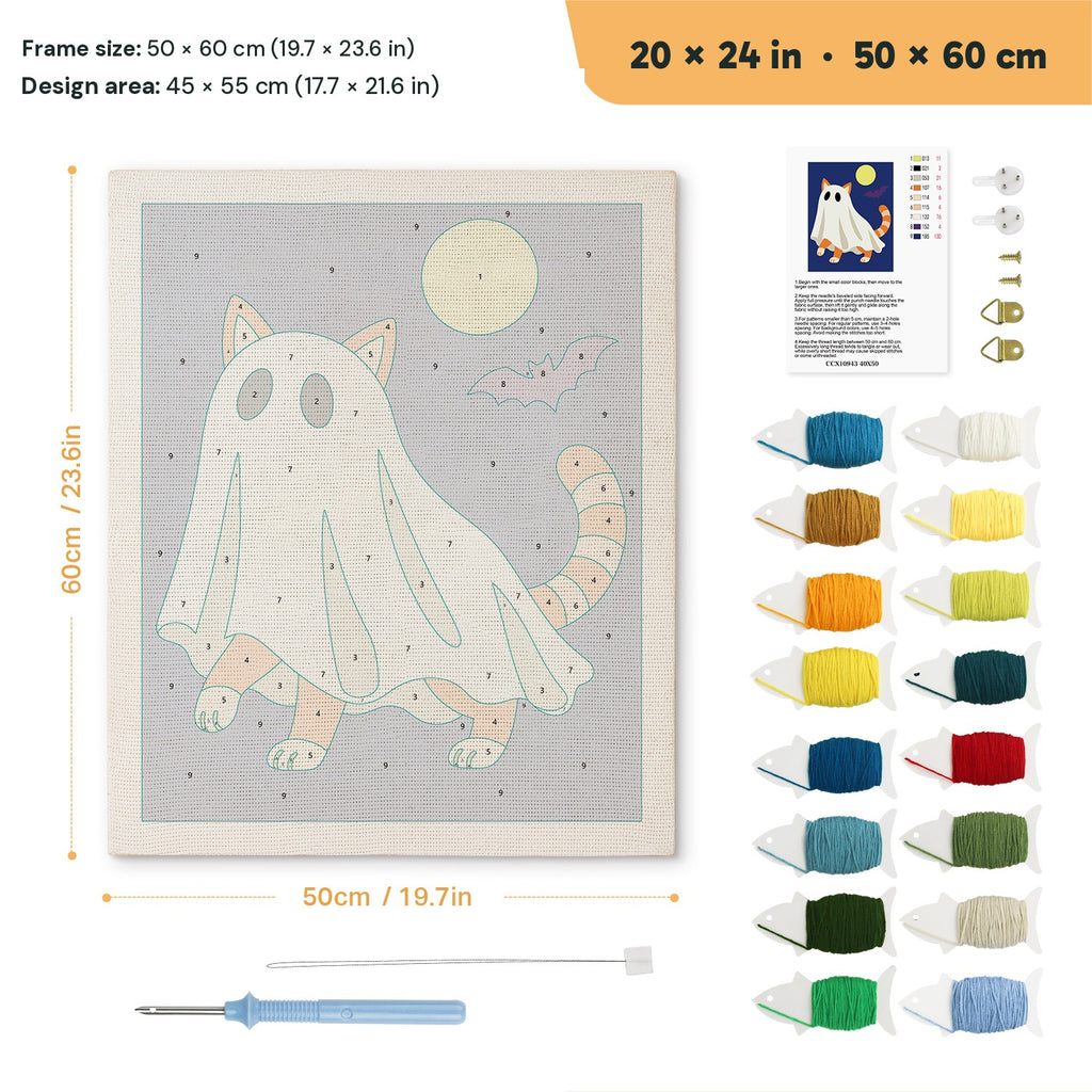 Ginger Cat Ghost punch needle kit, 20 × 24 in (50 × 60 cm): canvas size and kit contents