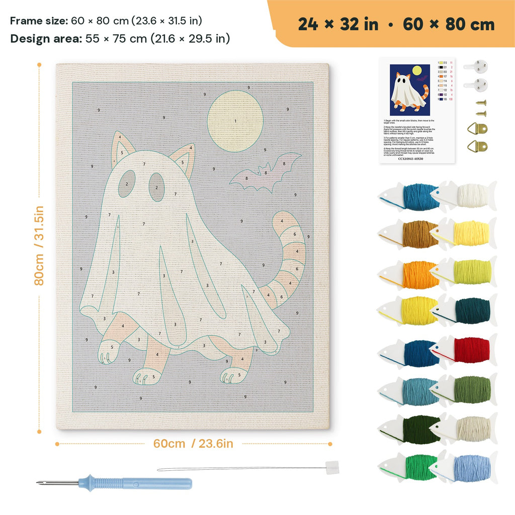 Ginger Cat Ghost punch needle kit, 24 × 32 in (60 × 80 cm): canvas size and kit contents