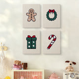The four Gingerbread and Wreath mini canvases on a wall above a shelf