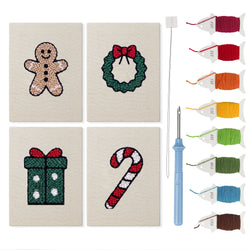 Gingerbread and Wreath mini punch needle kit set: four finished canvases with threads, punch needle and threader