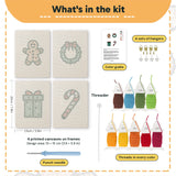 What is in the Gingerbread and Wreath set: 4 printed canvases, punch needle, threader, threads, color guide and 4 sets of hangers (6 × 8 in (15 × 20 cm) each)