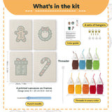 What is in the Gingerbread and Wreath set, 8 × 12 in (20 × 30 cm) each: 4 printed canvases, punch needle, threader, threads, color guide and 4 sets of hangers