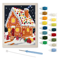 Gingerbread House punch needle kit: finished canvas with threads, punch needle and threader
