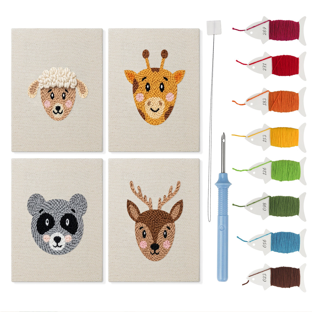 Giraffe and Deer mini punch needle kit set: four finished canvases with threads, punch needle and threader