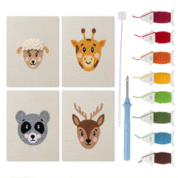 Giraffe and Deer mini punch needle kit set: four finished canvases with threads, punch needle and threader