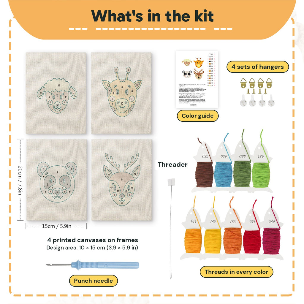 What is in the Giraffe and Deer set: 4 printed canvases, punch needle, threader, threads, color guide and 4 sets of hangers (6 × 8 in (15 × 20 cm) each)