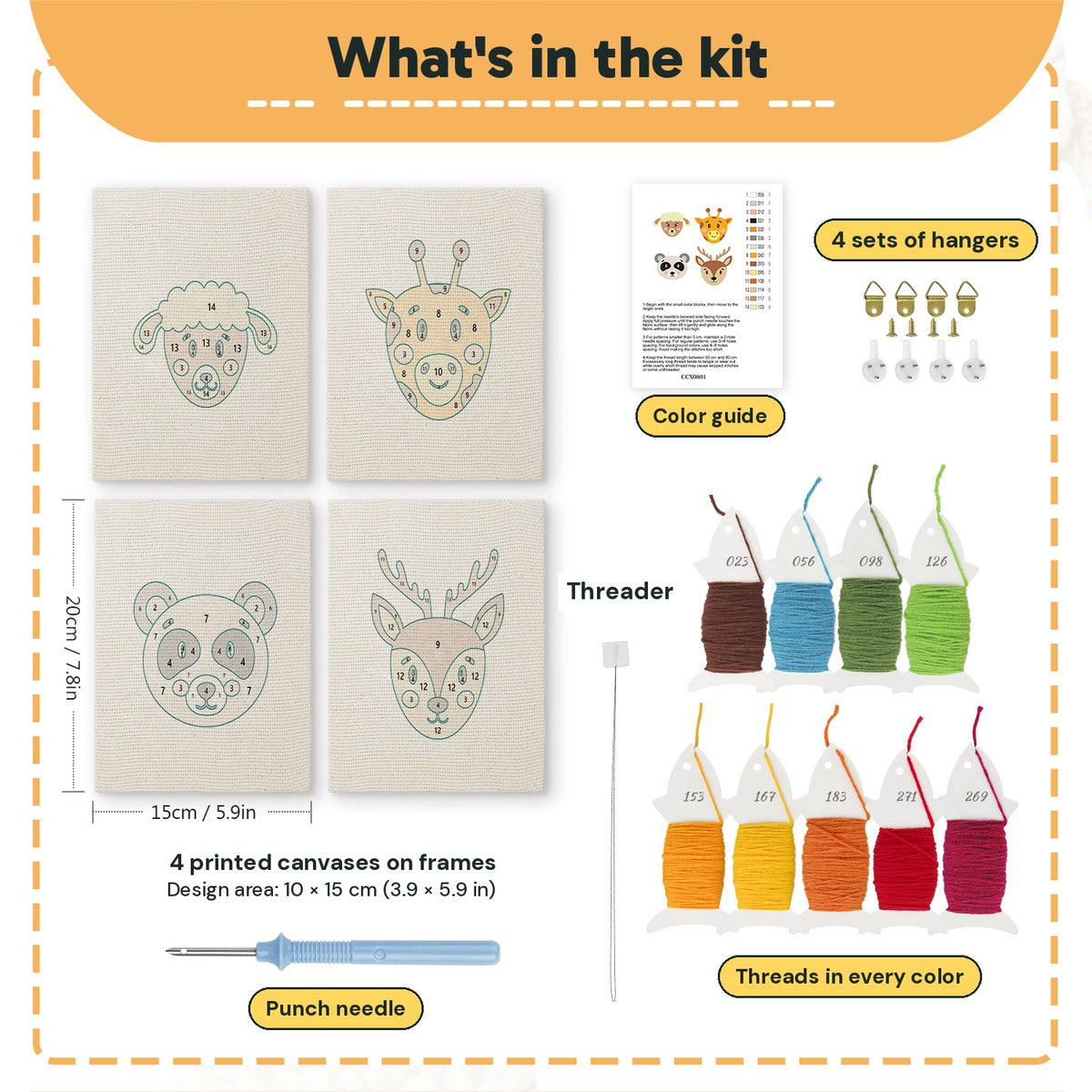 What is in the Giraffe and Deer set: 4 printed canvases, punch needle, threader, threads, color guide and 4 sets of hangers (6 × 8 in (15 × 20 cm) each)