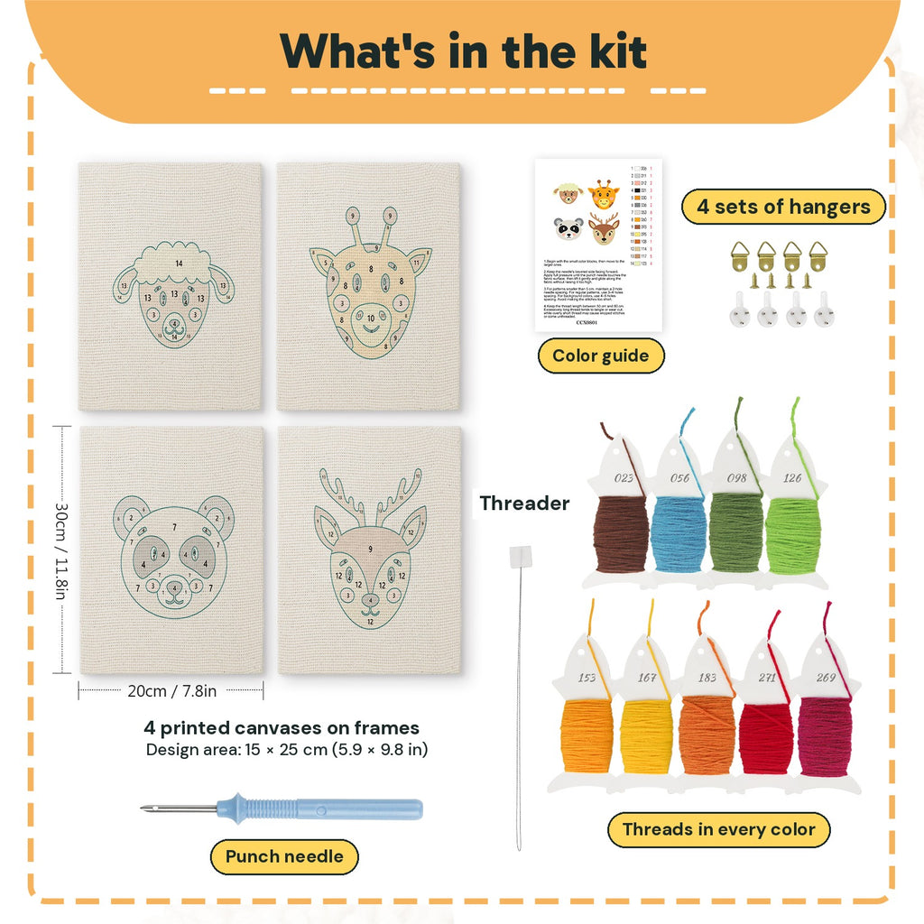 What is in the Giraffe and Deer set, 8 × 12 in (20 × 30 cm) each: 4 printed canvases, punch needle, threader, threads, color guide and 4 sets of hangers