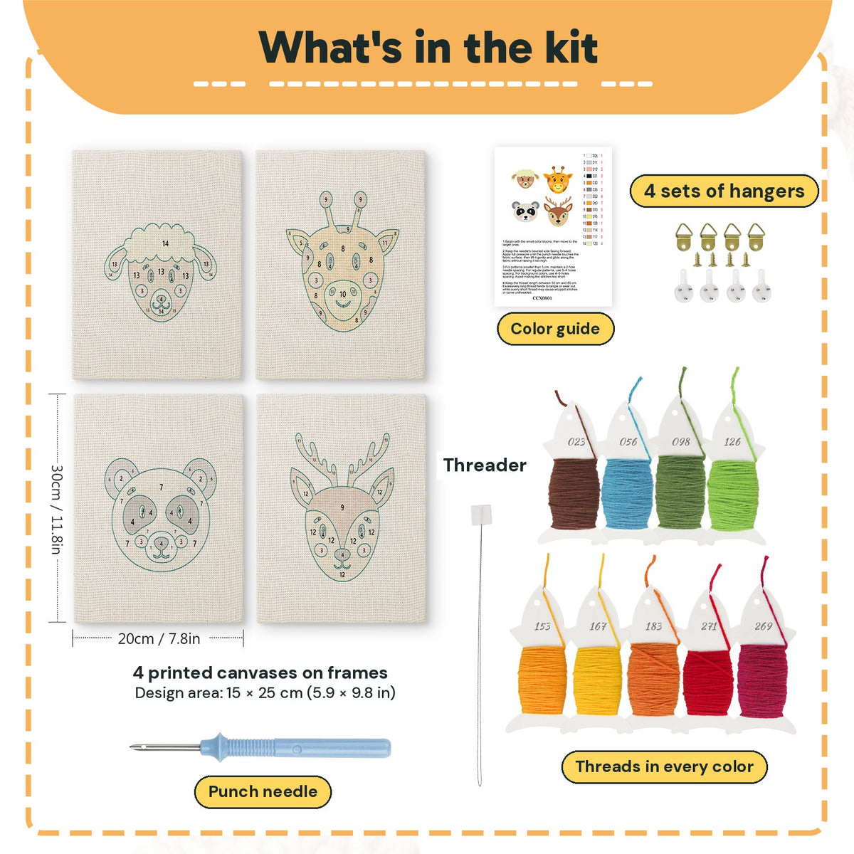 What is in the Giraffe and Deer set, 8 × 12 in (20 × 30 cm) each: 4 printed canvases, punch needle, threader, threads, color guide and 4 sets of hangers