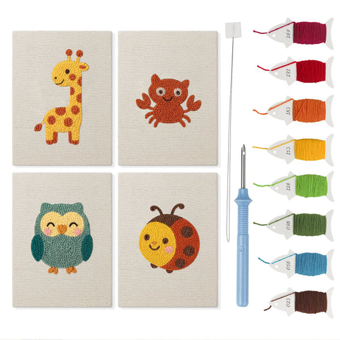 Giraffe and Friends mini punch needle kit set: four finished canvases with threads, punch needle and threader