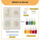 What is in the Giraffe and Friends set, 8 × 12 in (20 × 30 cm) each: 4 printed canvases, punch needle, threader, threads, color guide and 4 sets of hangers