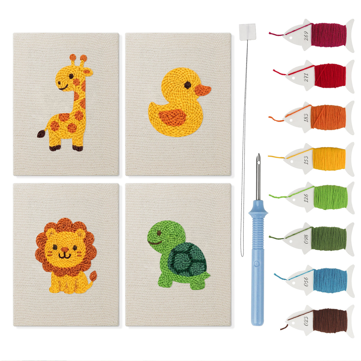 Giraffe and Turtle mini punch needle kit set: four finished canvases with threads, punch needle and threader