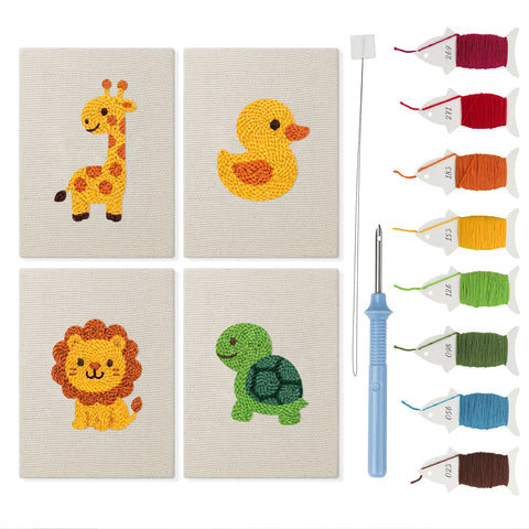 Giraffe and Turtle mini punch needle kit set: four finished canvases with threads, punch needle and threader