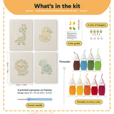 What is in the Giraffe and Turtle set: 4 printed canvases, punch needle, threader, threads, color guide and 4 sets of hangers (6 × 8 in (15 × 20 cm) each)