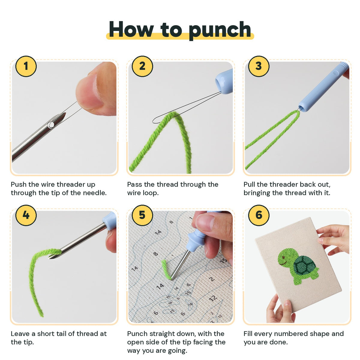 Six steps showing how to thread and use the punch needle
